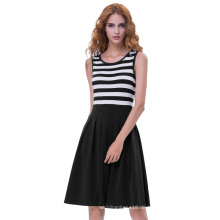 Belle Poque Frauen Retro Vintage Schwarz Style Streifen Pattern Ärmelloses Crew Neck A-Line Sommerkleid BP000312-1